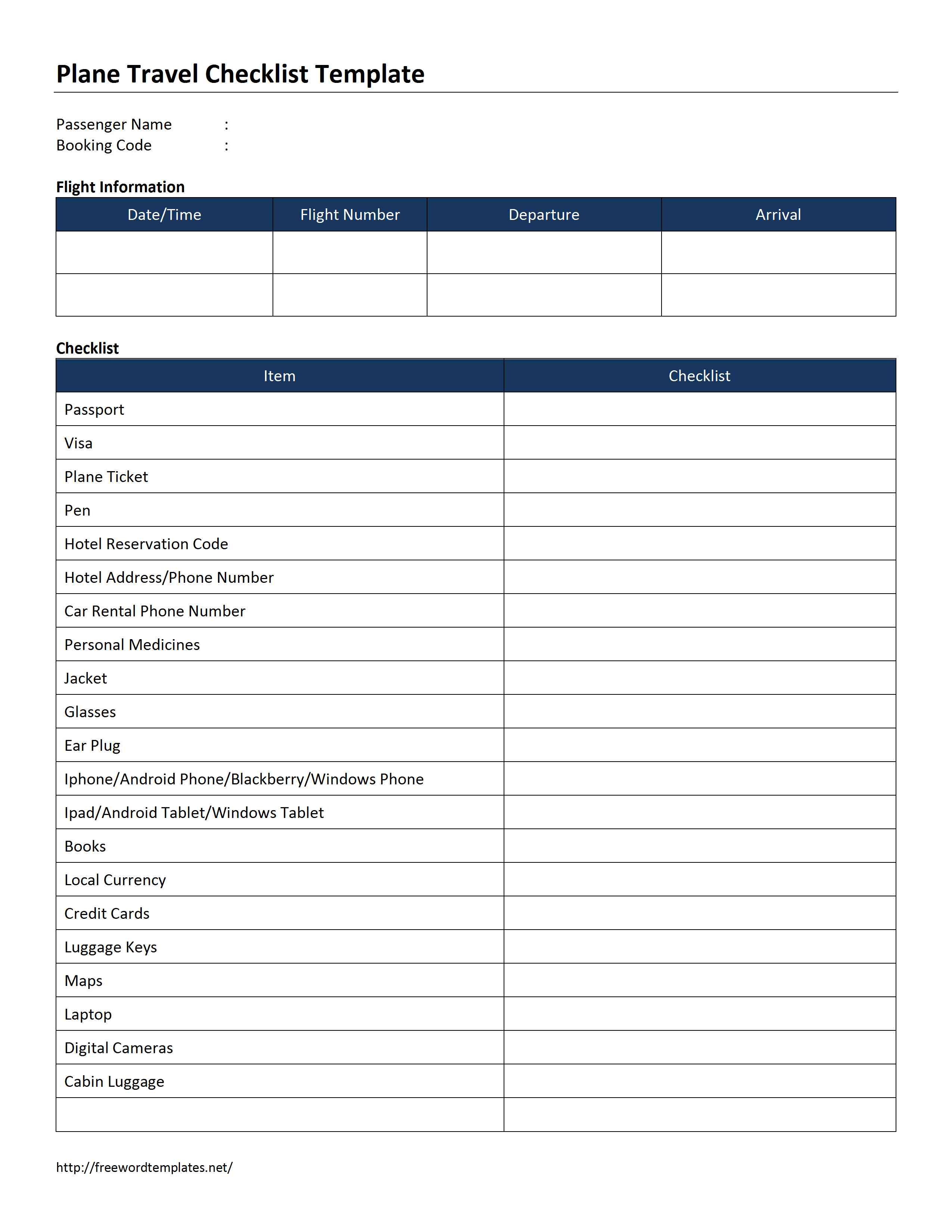 Plane Travel Checklist Template