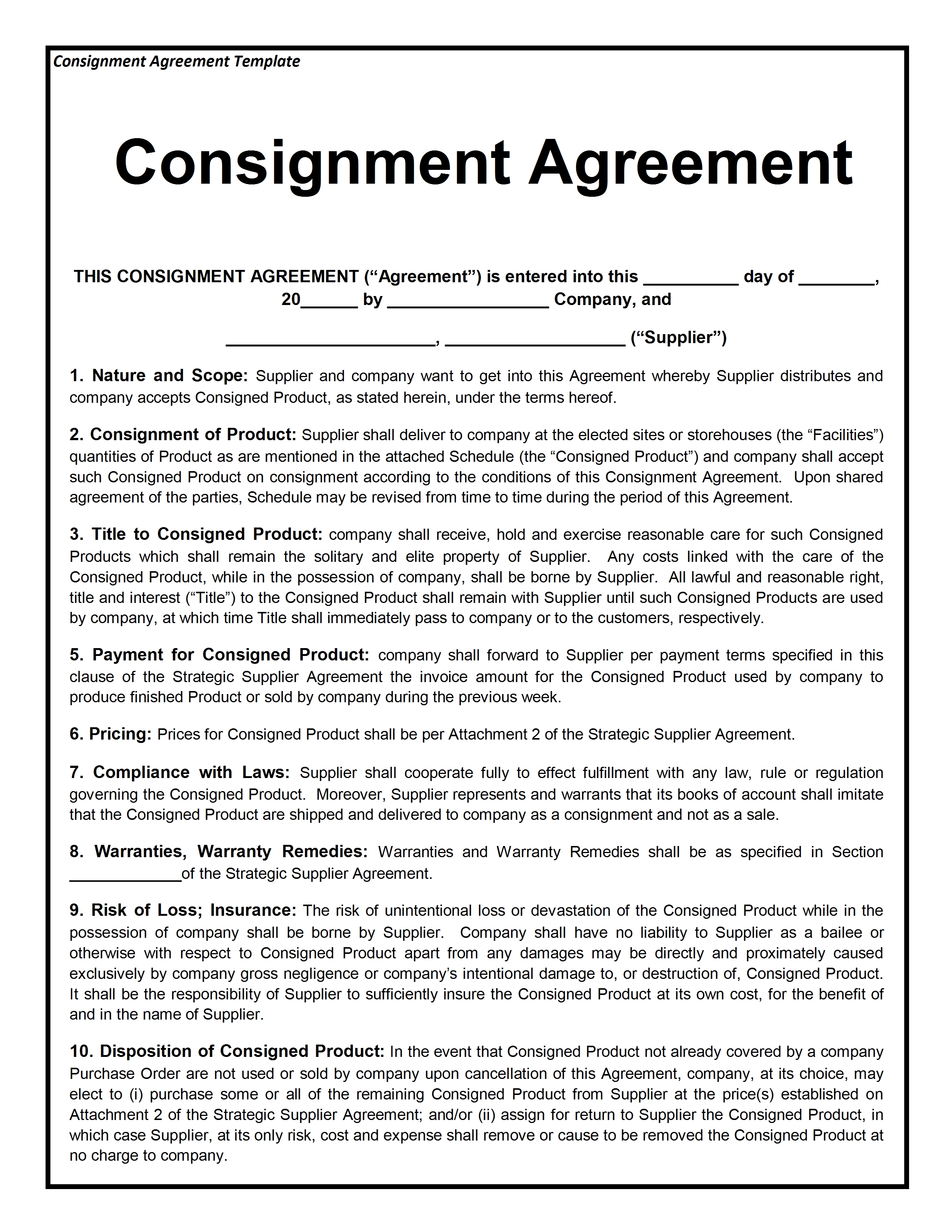 Consignment Agreement Template Free Microsoft Word Templates