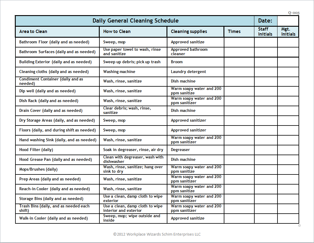 Restaurant Cleaning Form Restaurant Consulting Workplace Wizards