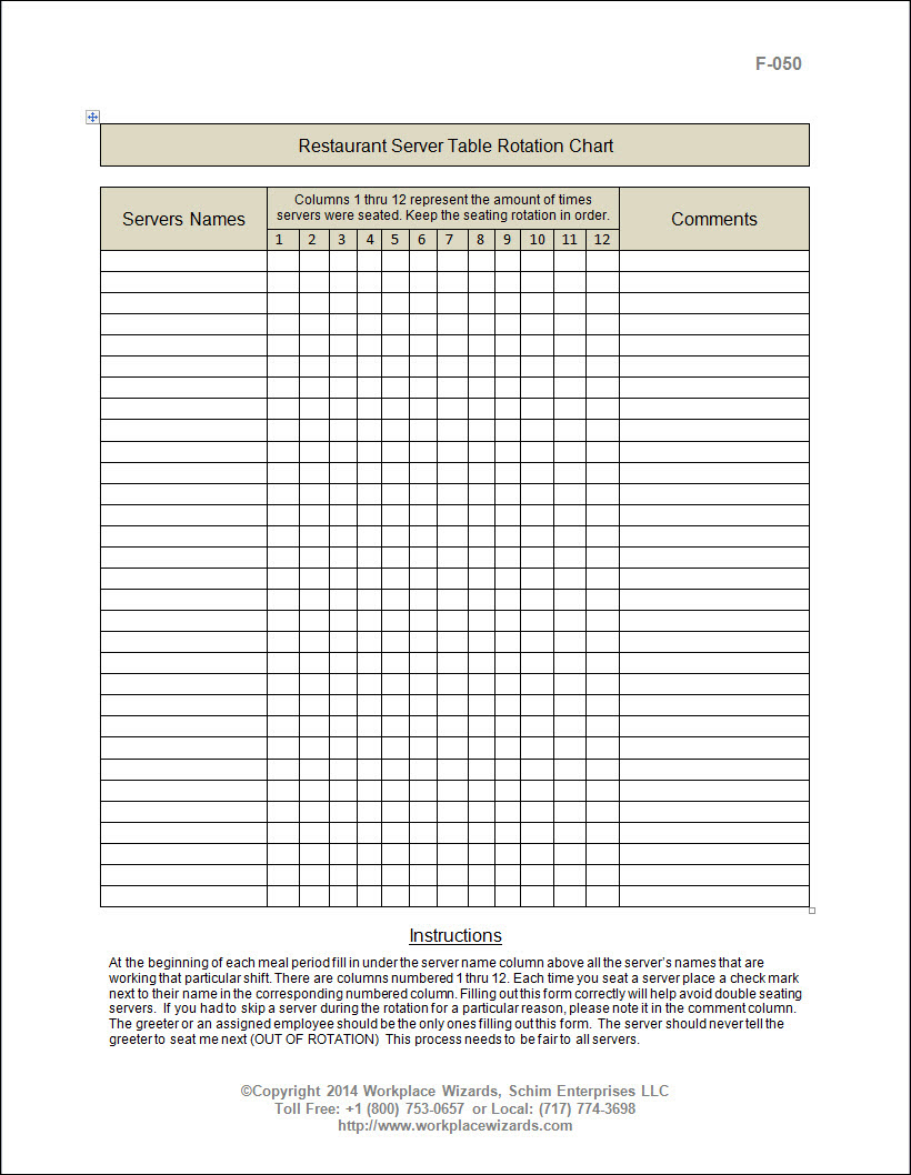 Restaurant Server Table Rotation Form