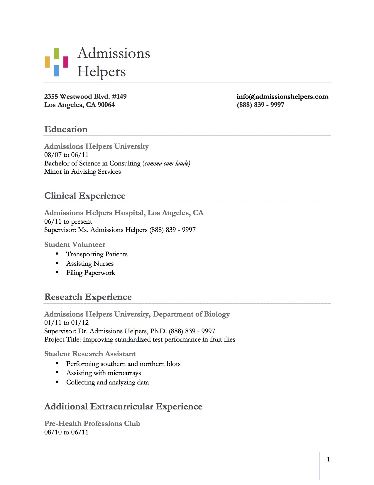Sample Premed, Predental, Prepharmacy CV Admissions Helpers