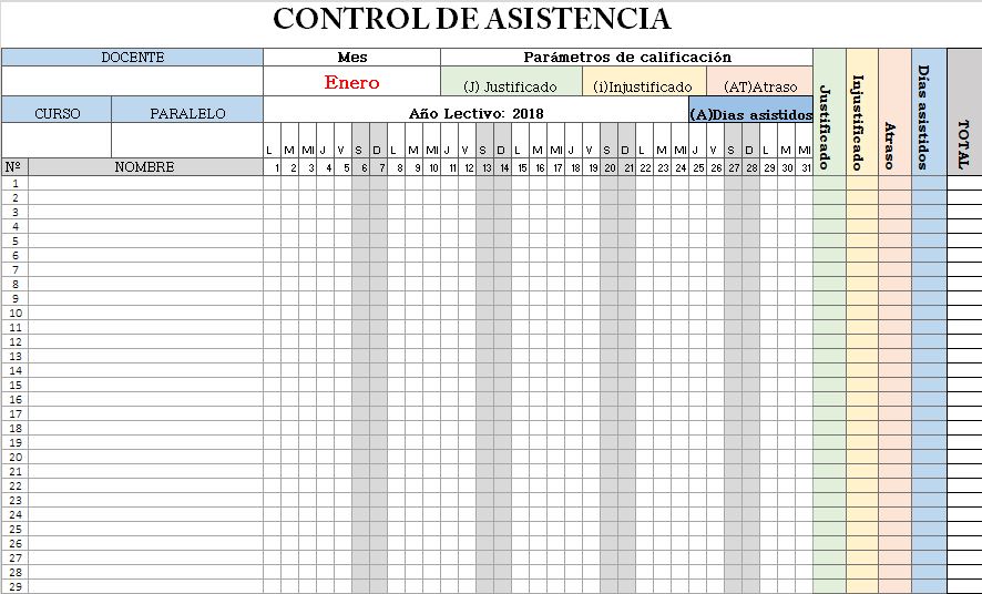 Formato de control de asistencia de alumnos editable