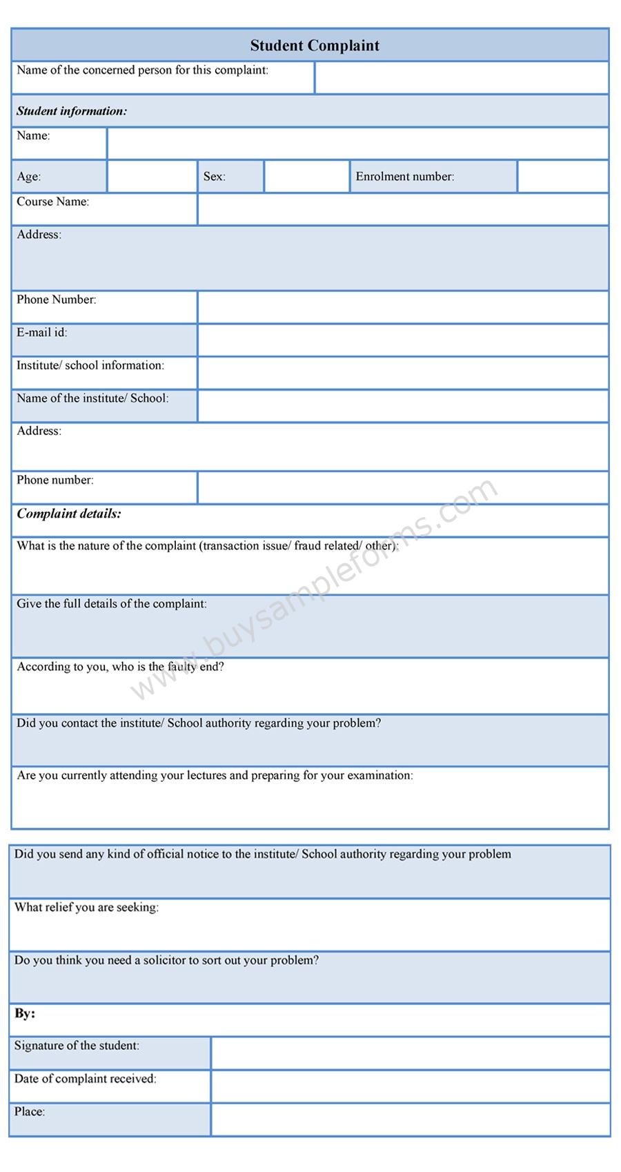 Student Complaint Form Student Form Format