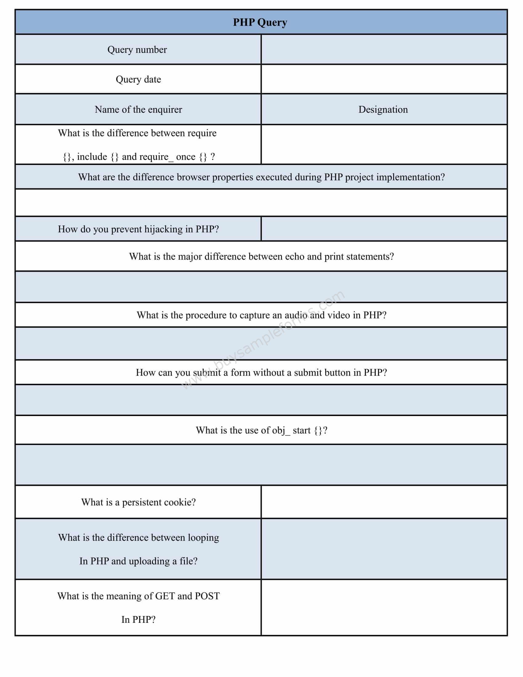 Sample PHP Query Form Template