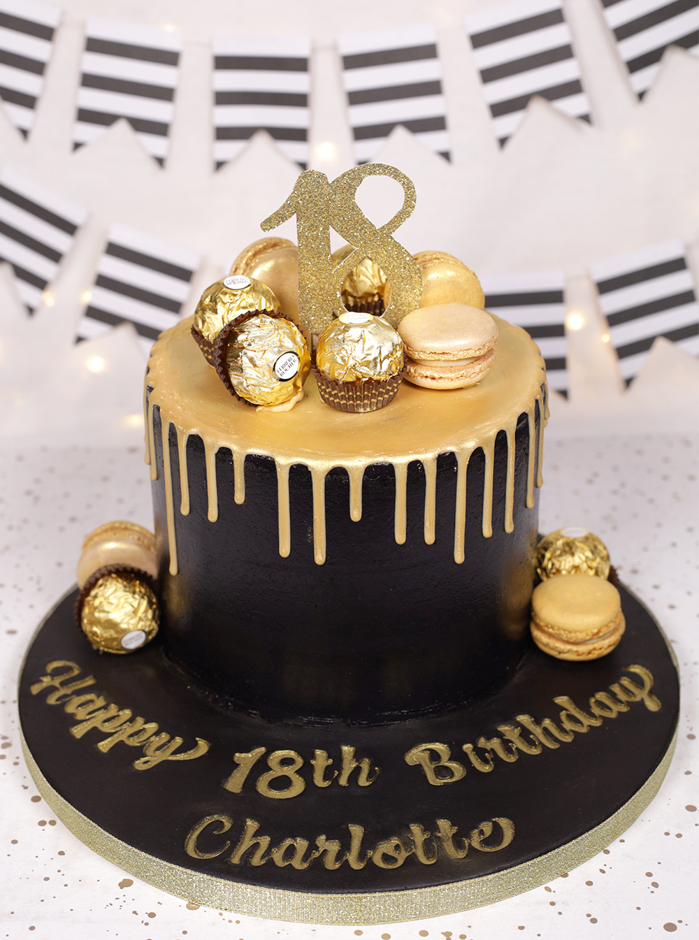 Black & gold 18th Birthday drip cake Cakey Goodness