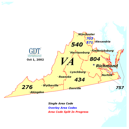Map of area codes in Virginia, VA Locations with coverage