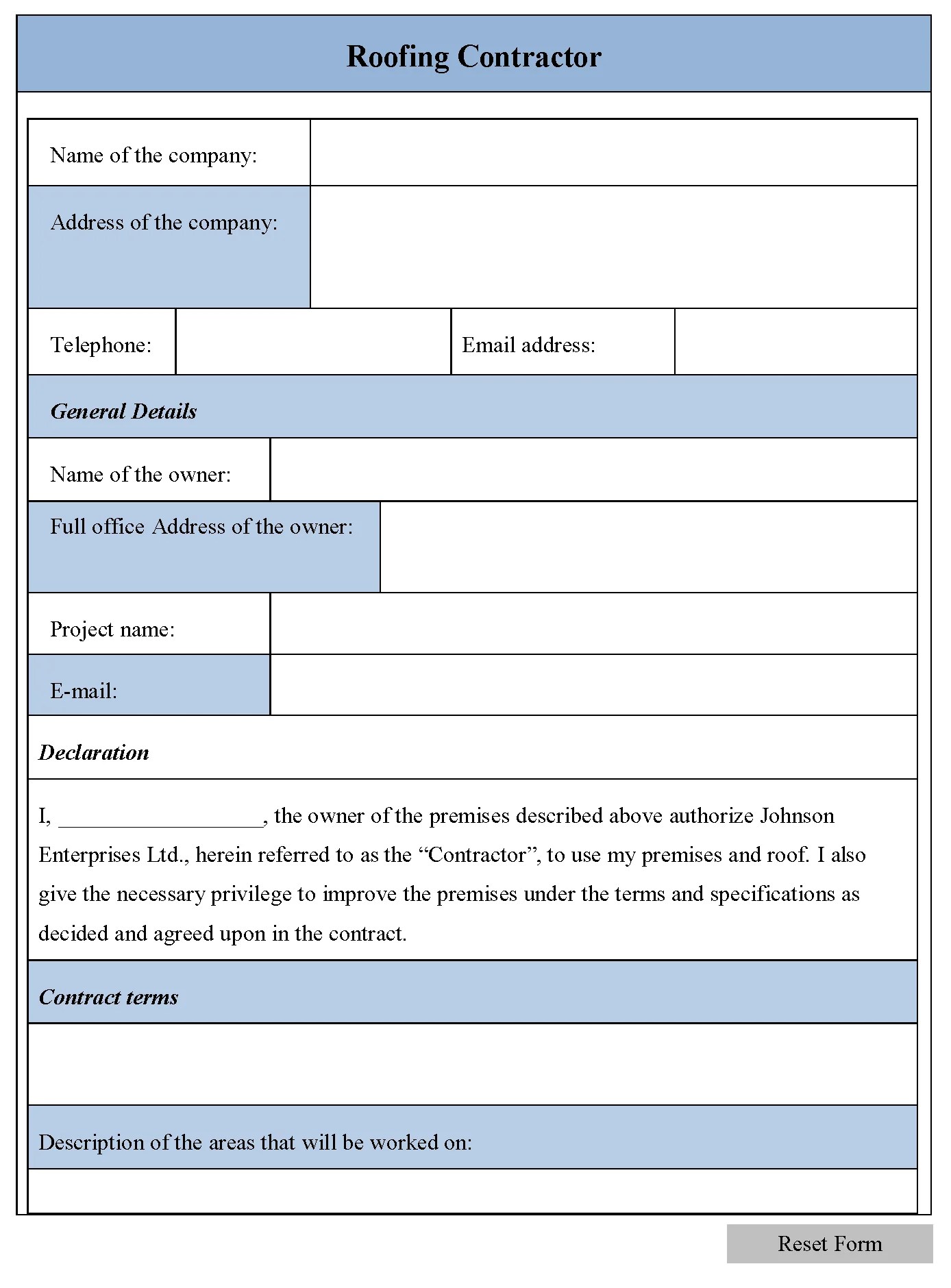 Roofing Contractor Form Editable Forms