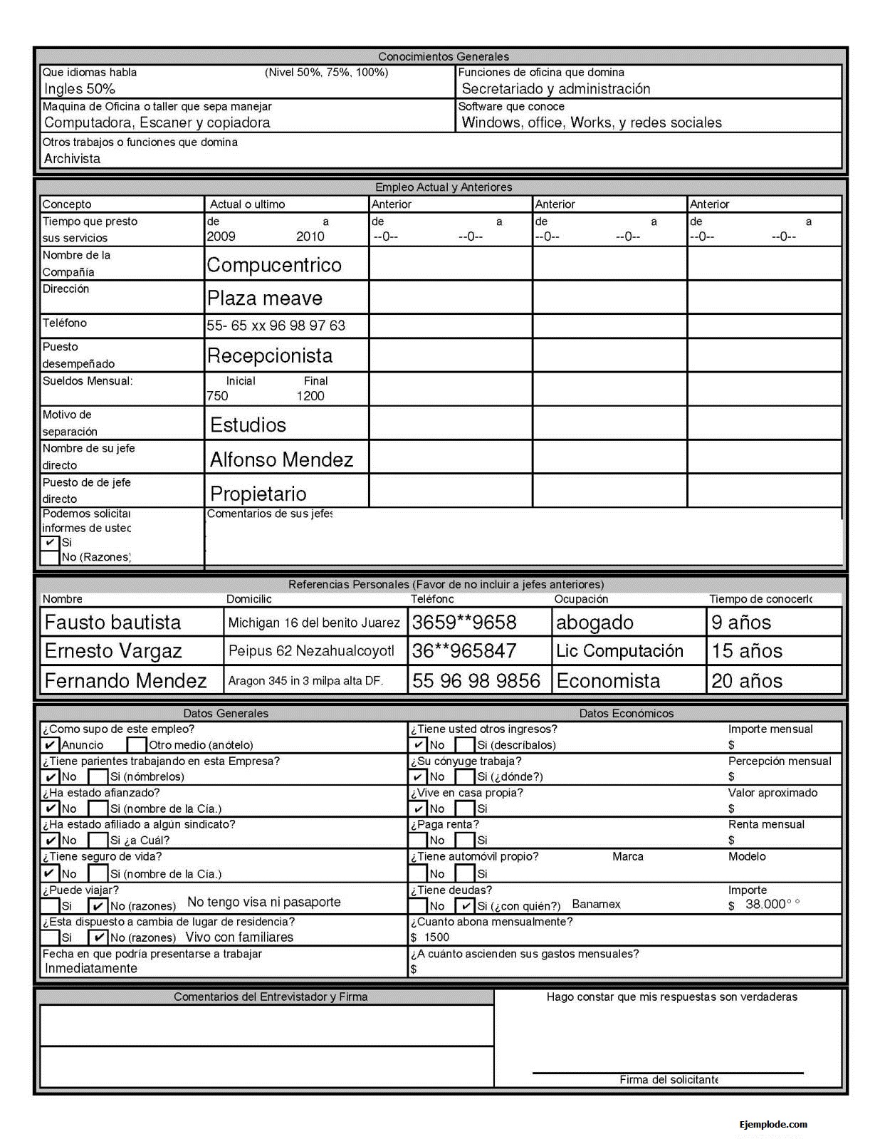 Solicitud de empleo llena