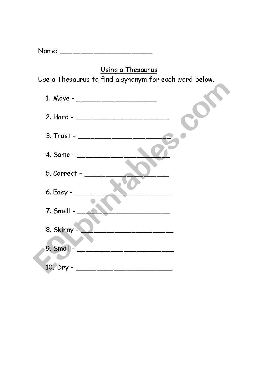 English worksheets Using a Thesaurus