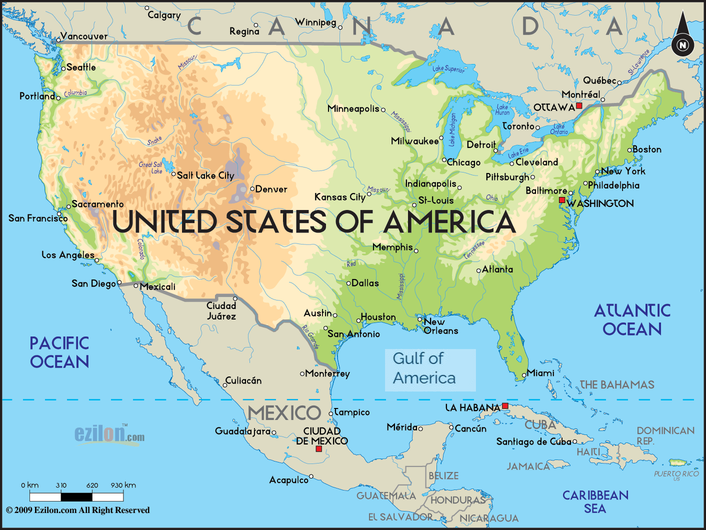 Physical Map of United States of America Ezilon Maps