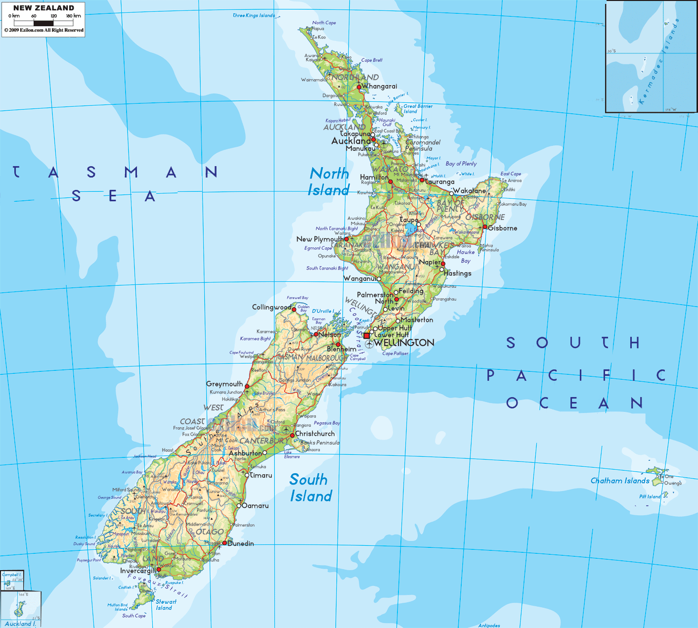 Physical Map of New Zealand Ezilon Maps