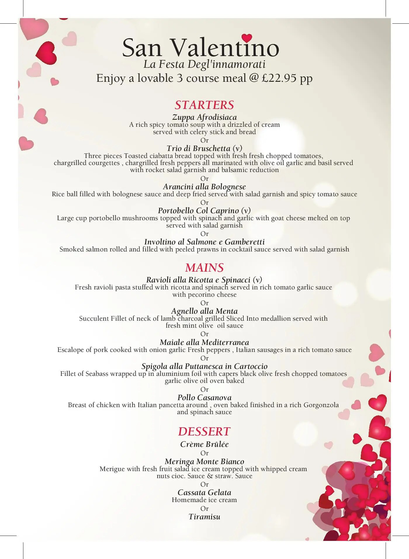 Valentine Menu Fabio Restaurant Swindon