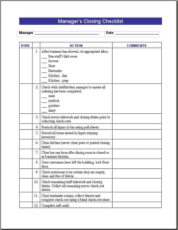 Restaurant Checklist Templates Free Find Word Templates