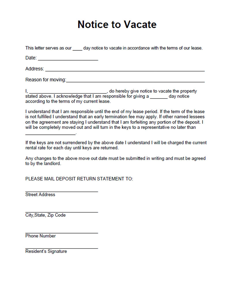 Notice to Vacate form. Free form for a residential