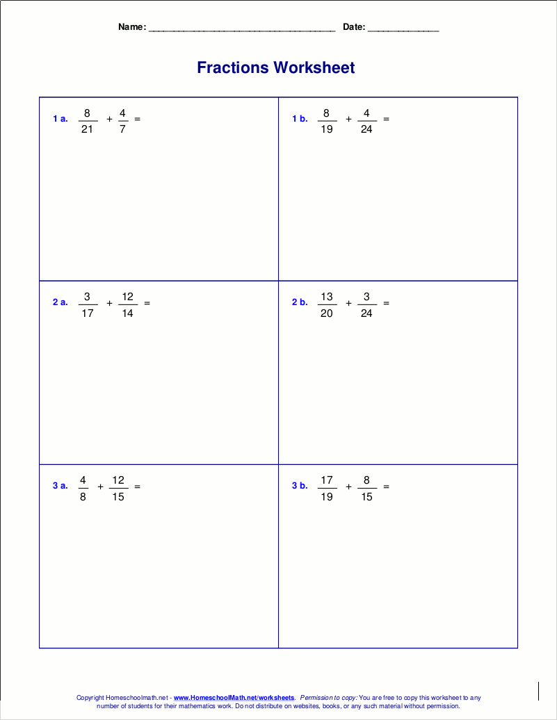 Worksheets for fraction addition