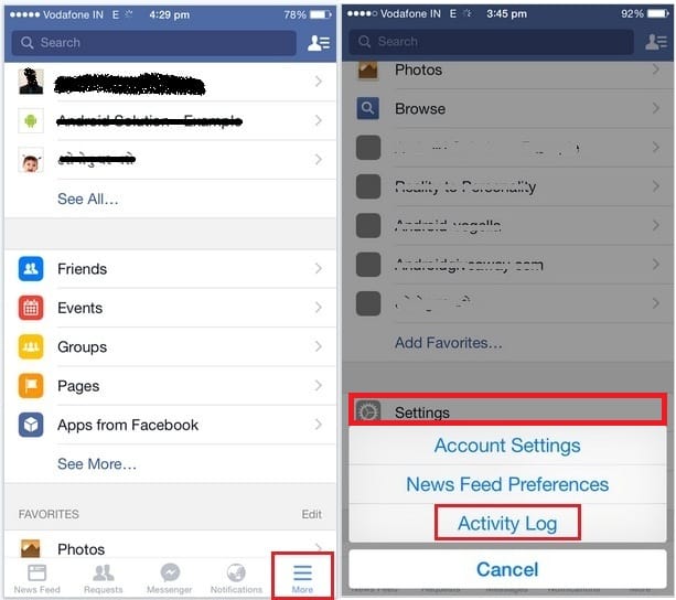 Delete old activity log from FaceBook iPhone, iPad app