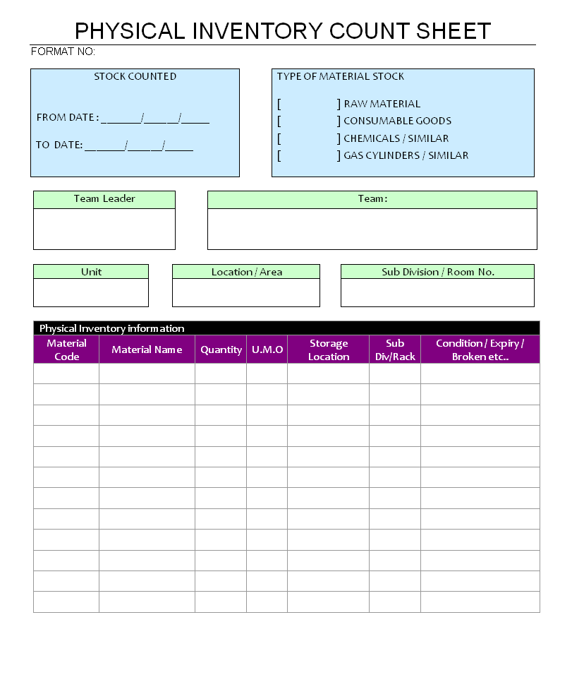 Physical inventory Count Sheet