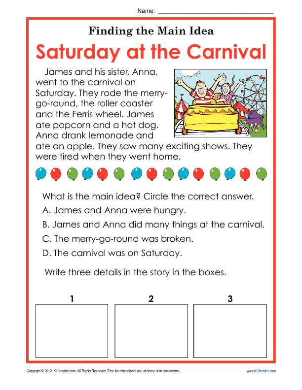 1st or 2nd Grade Main Idea Worksheet About Carnivals