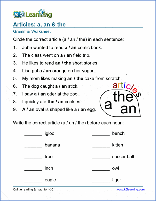 Article Worksheets for Elementary School Printable