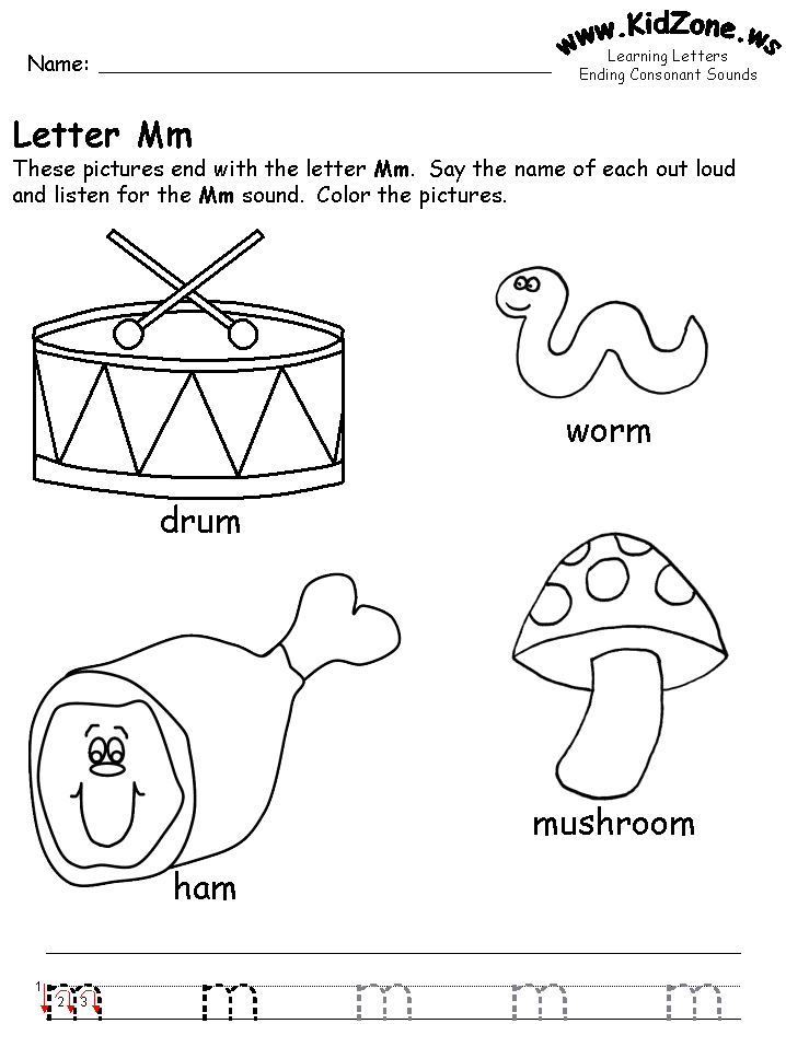 Letter M Worksheets, Words that End with the Letter Más