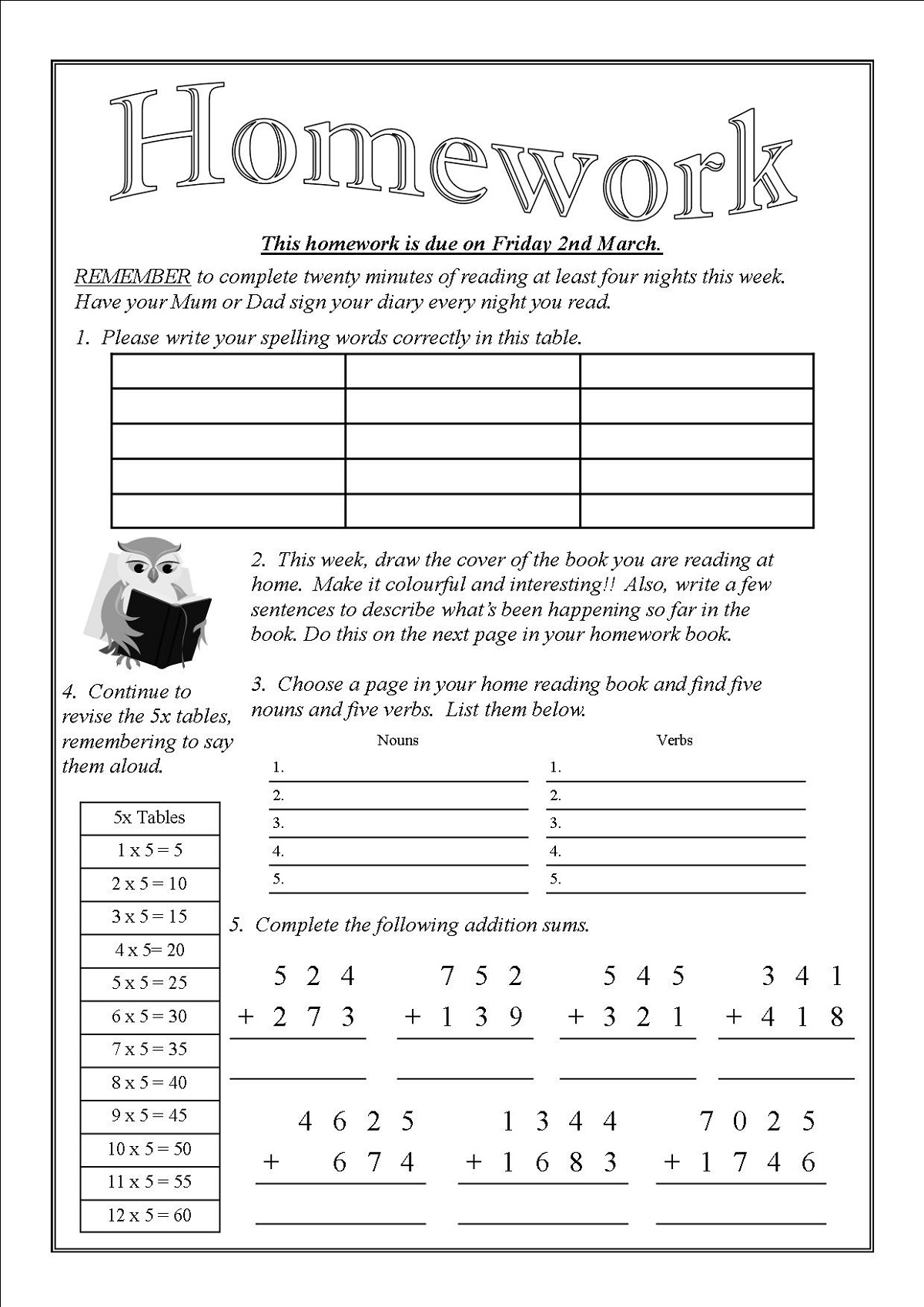 Homework Worksheets to Print Learning Printable