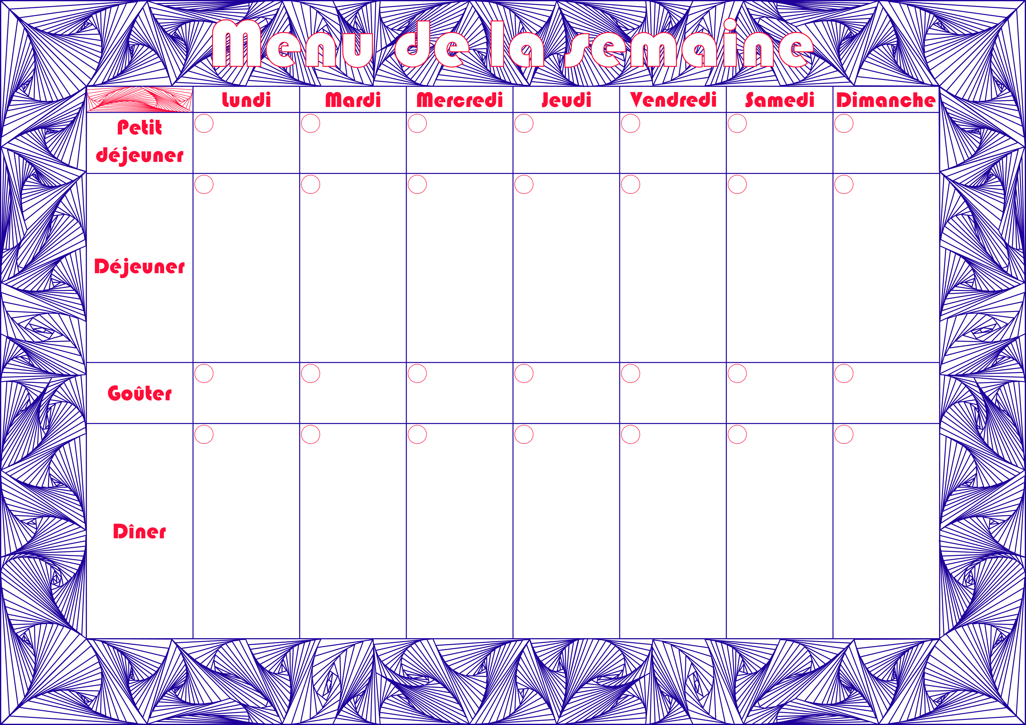 Accédez à la page du calendrier avec des fenêtres pour le mois souhaité. Menu hebdomadaire à imprimer