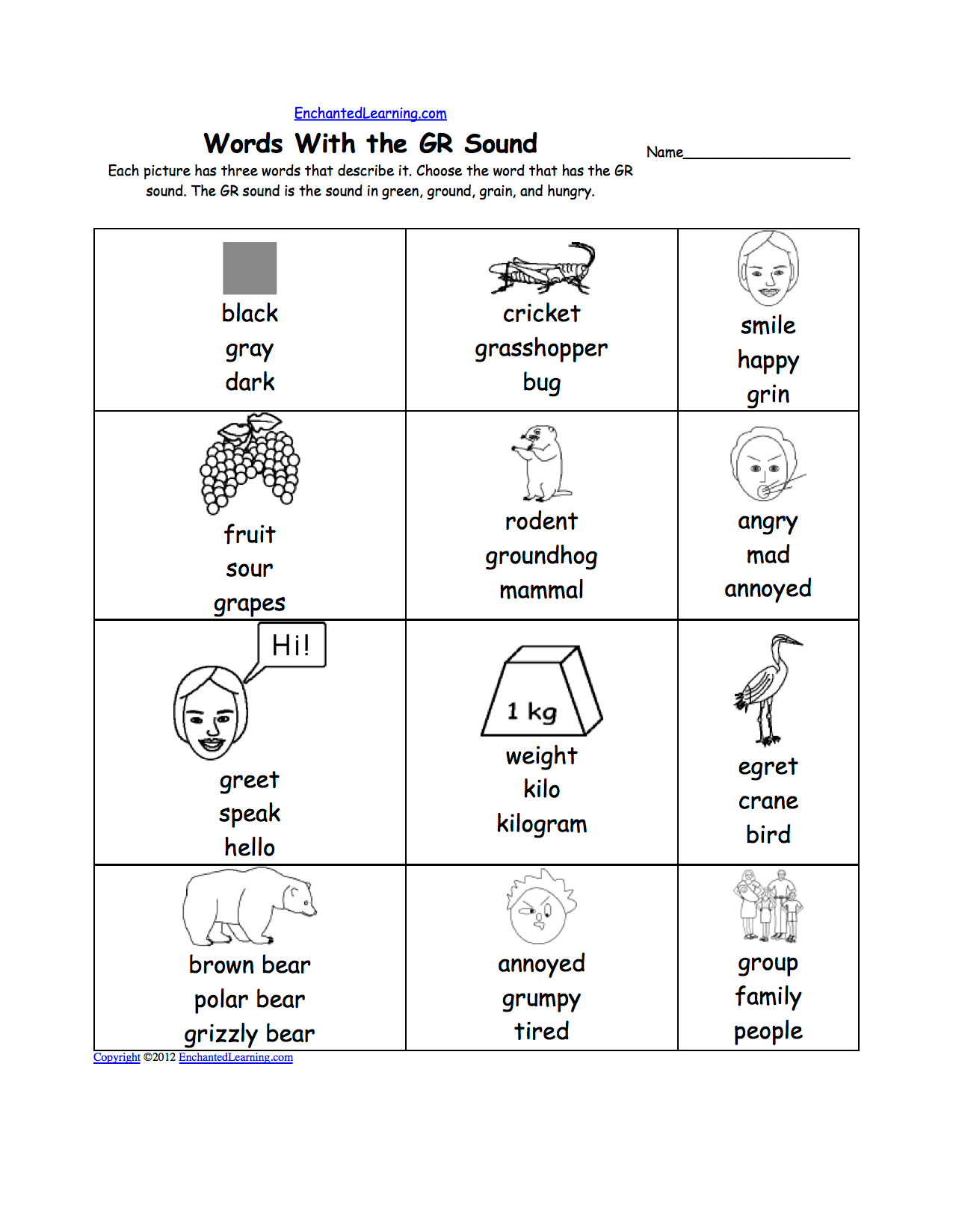 "GR" Sound Phonics Worksheet Multiple Choice
