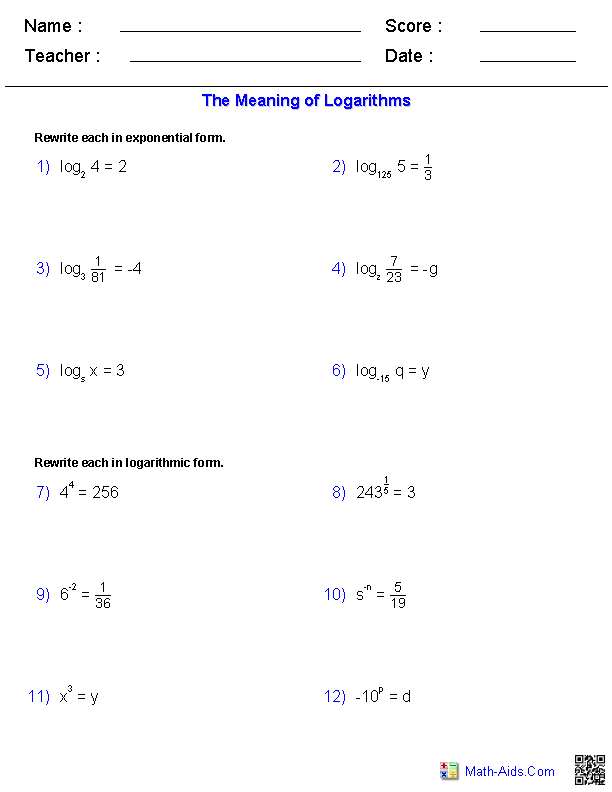 Algebra 2 Worksheets Exponential and Logarithmic