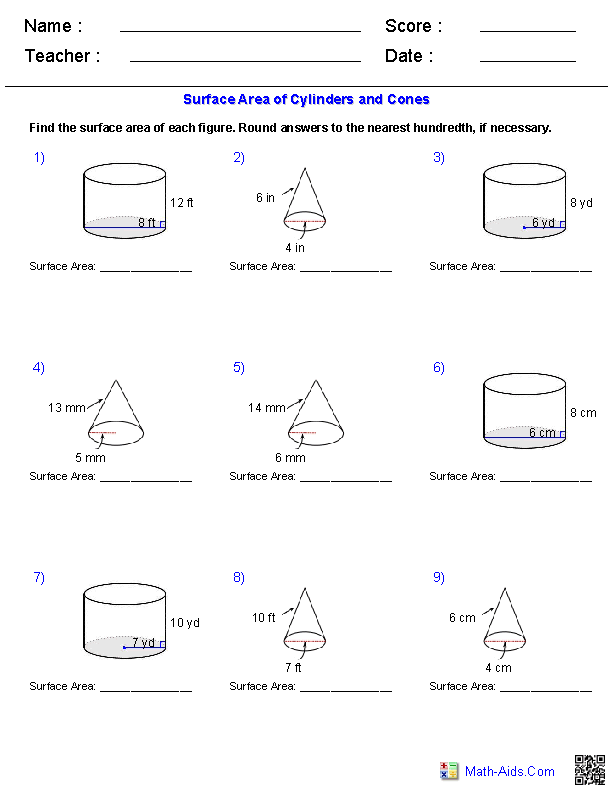 Geometry Worksheets Surface Area & Volume Worksheets