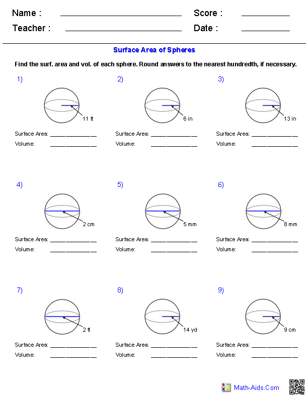 Geometry Worksheets Surface Area & Volume Worksheets