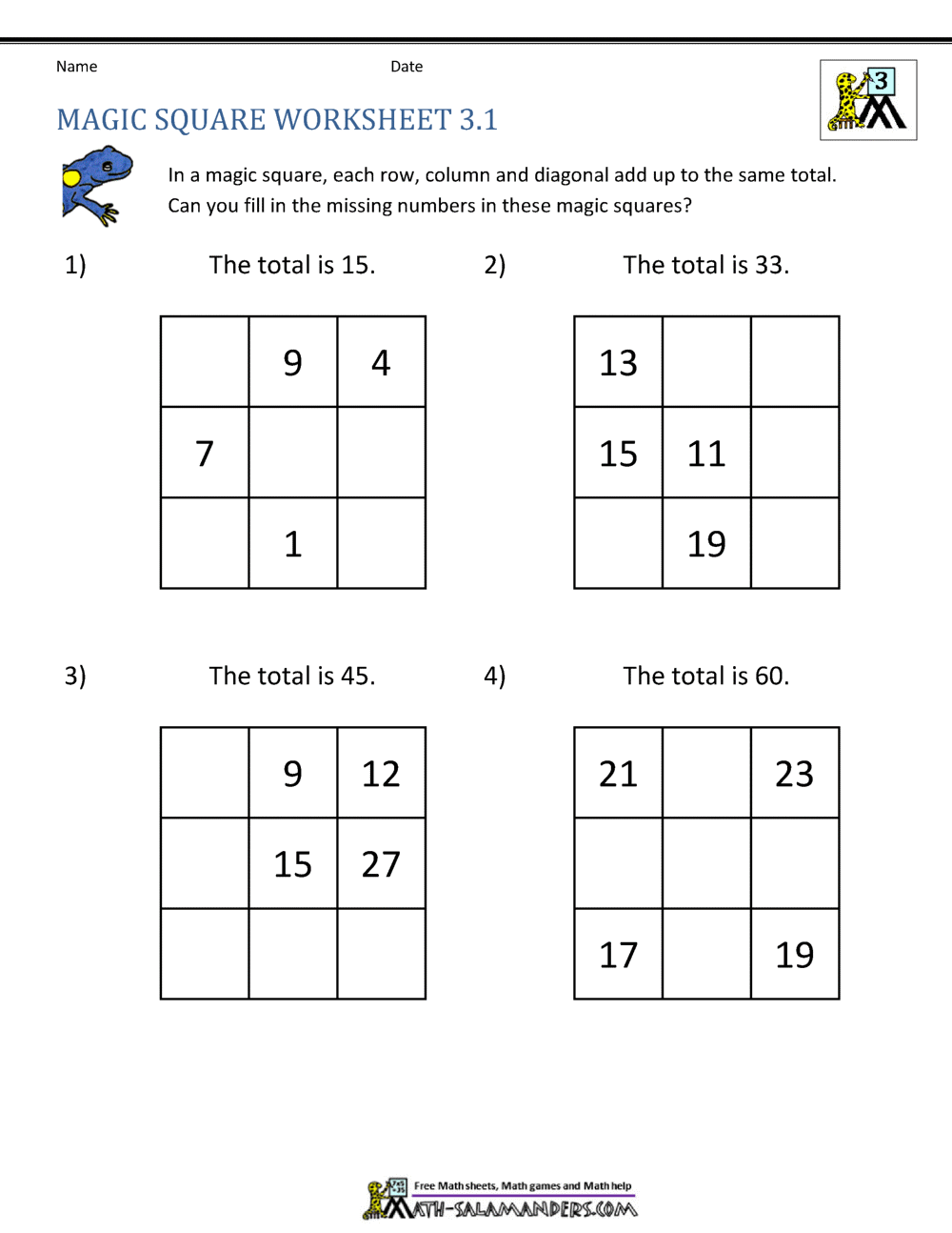 Magic Square Worksheets