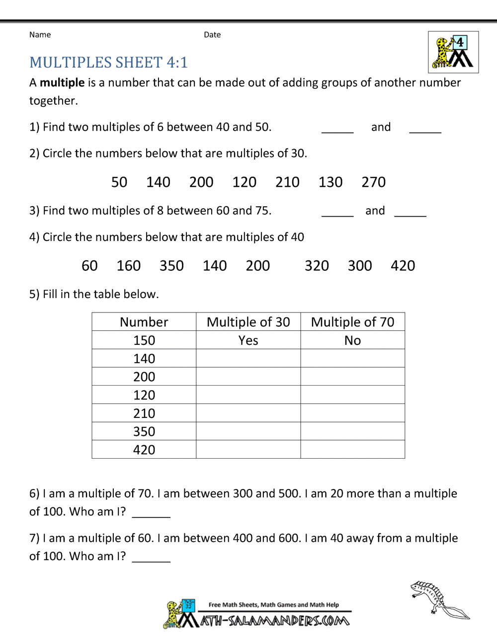 4th Grade Math Practice Multiples, Factors and Inequalities