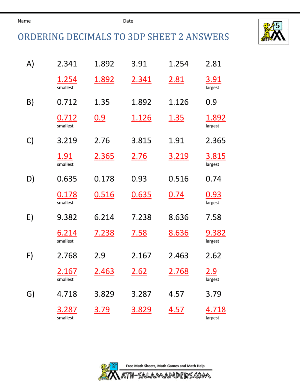 Partitioning Decimals Year 4 Worksheets decimals worksheets