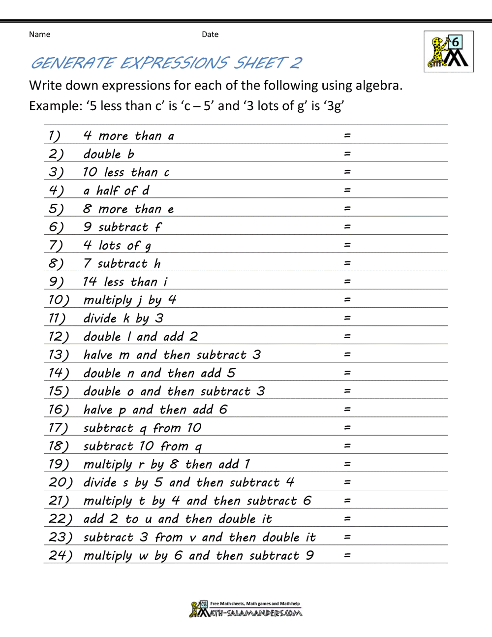 Basic Algebra Worksheets