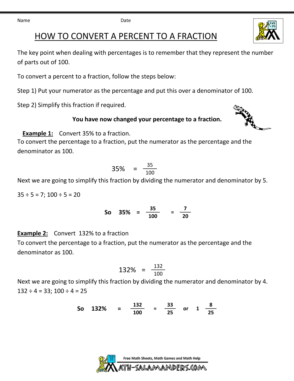Convert Percent to Fraction