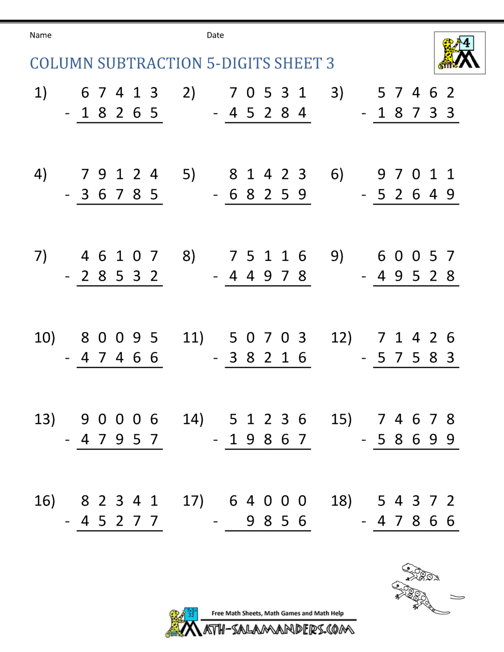 Column Addition And Subtraction Worksheets Year 6 1000