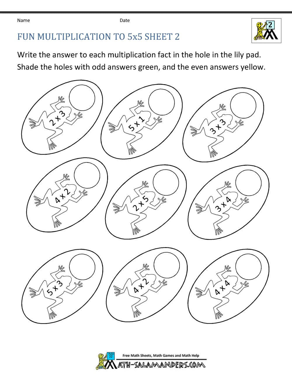 Multiplication to 5x5 Worksheets for 2nd Grade