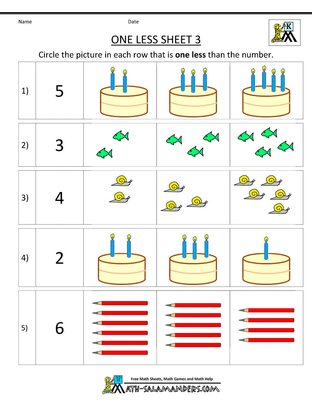Kindergarten Math Printable Worksheets One Less