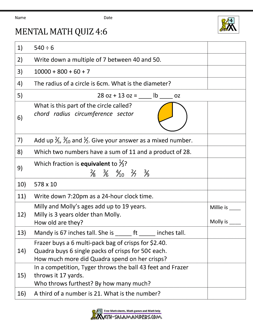 Mental Math 4th Grade