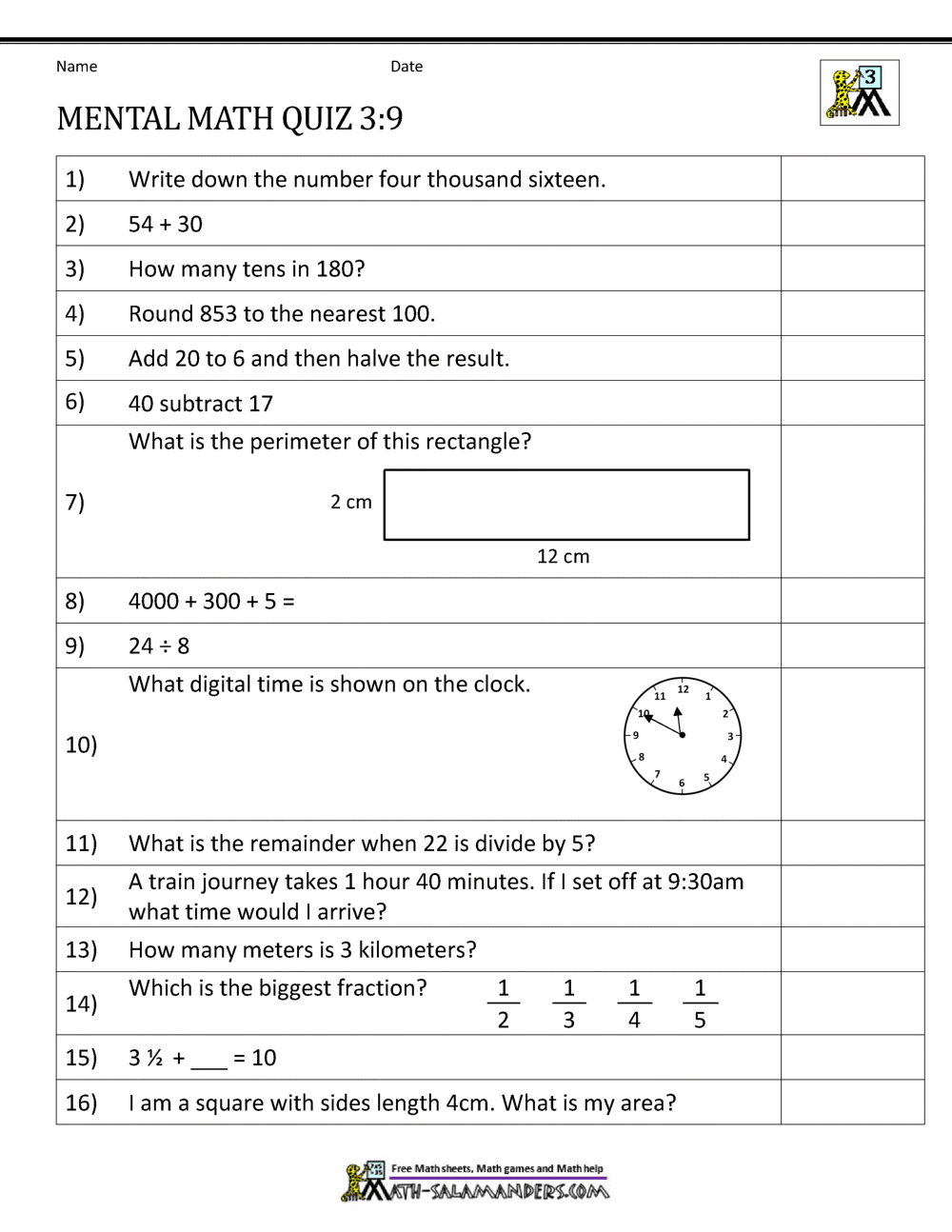 Mental Math 3rd Grade