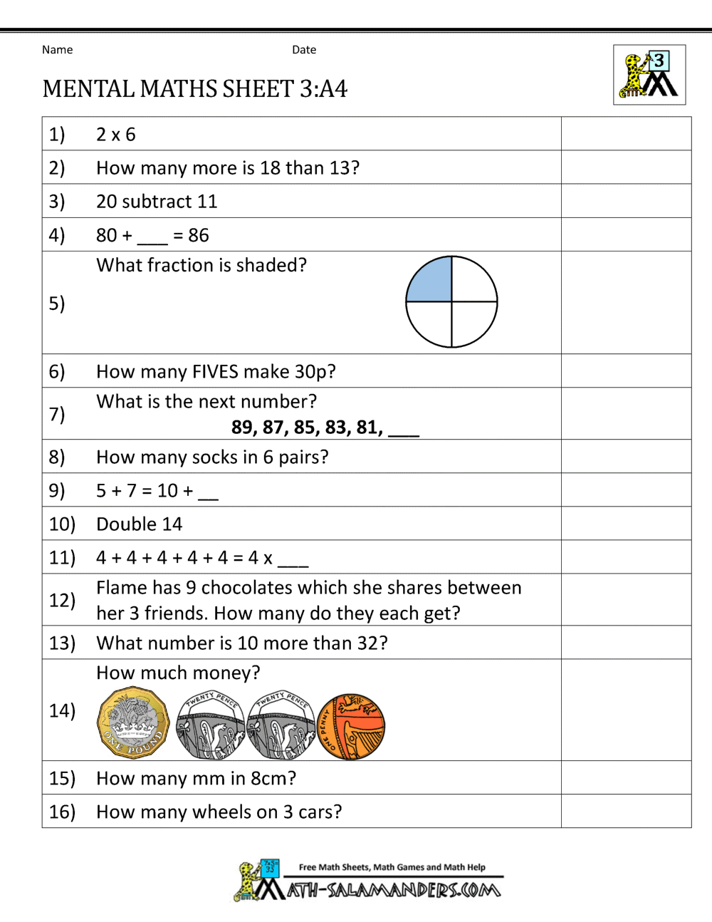 Year 3 Mental Maths Worksheets