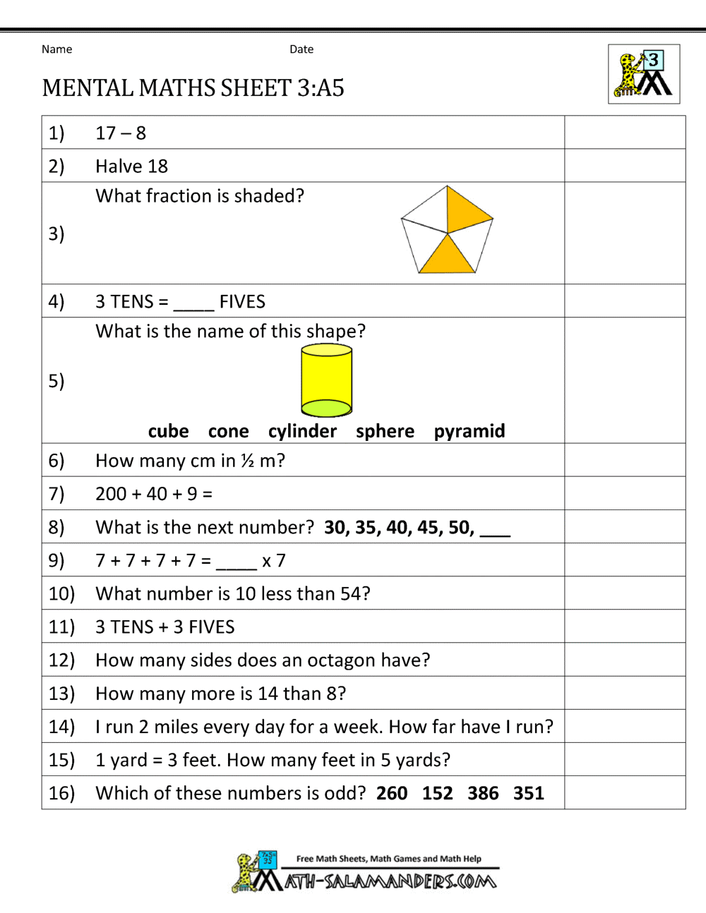 Year 3 Mental Maths Worksheets