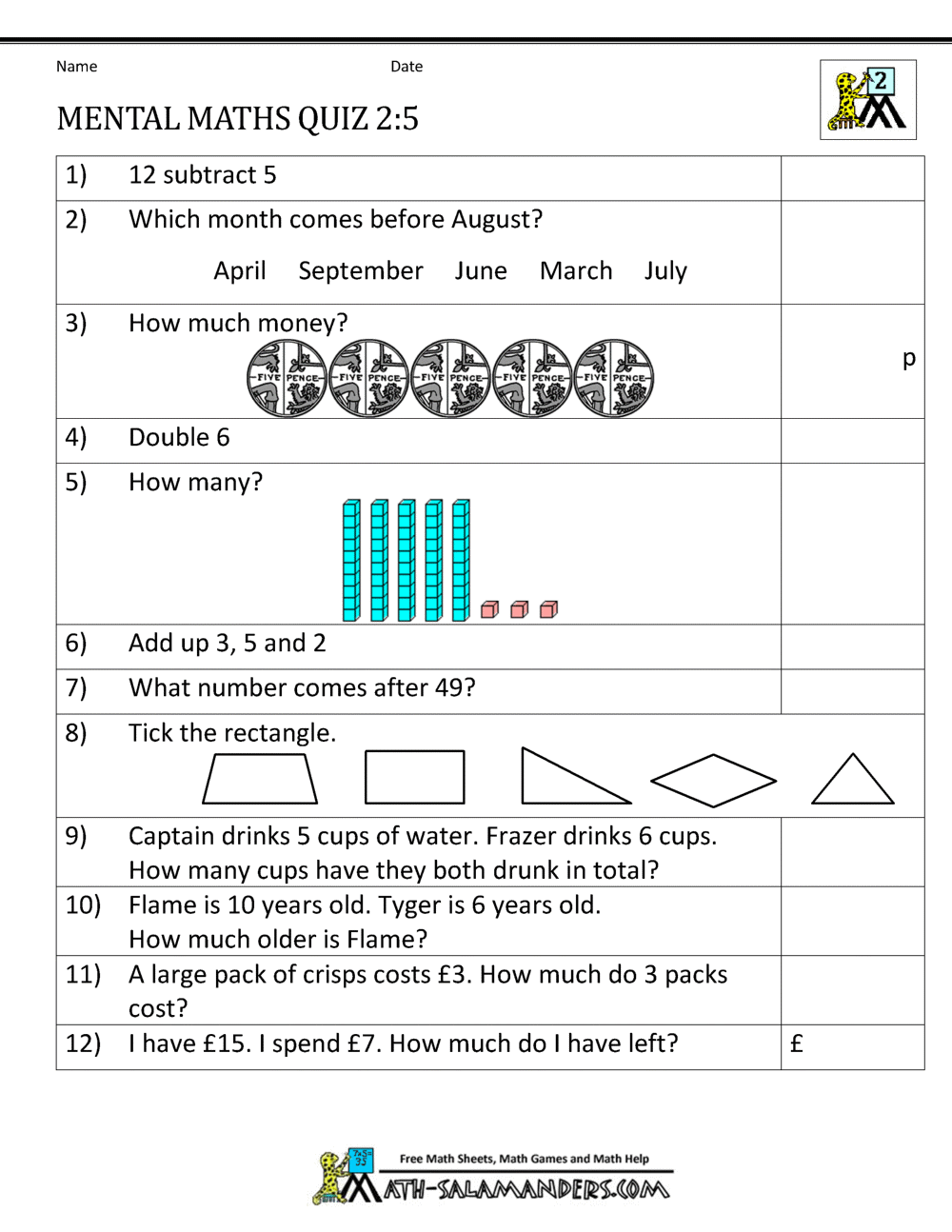 Printable Mental Maths Year 2 Worksheets