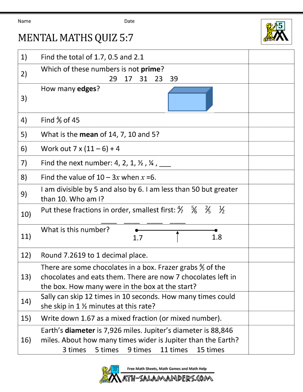 Mental Maths Practise Year 5 Worksheets