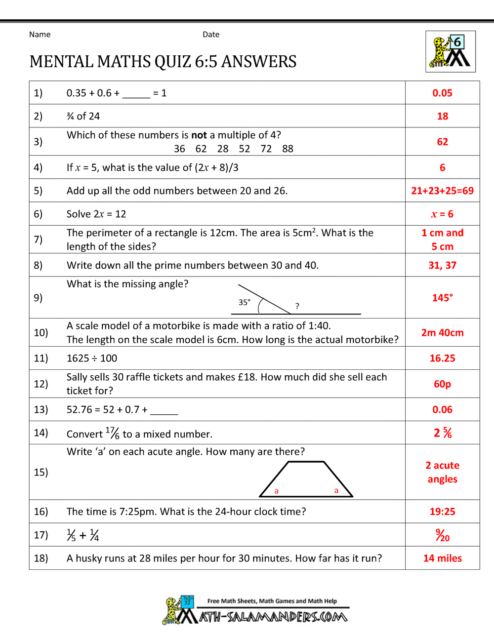 Mental Maths Tests Year 6 Worksheets