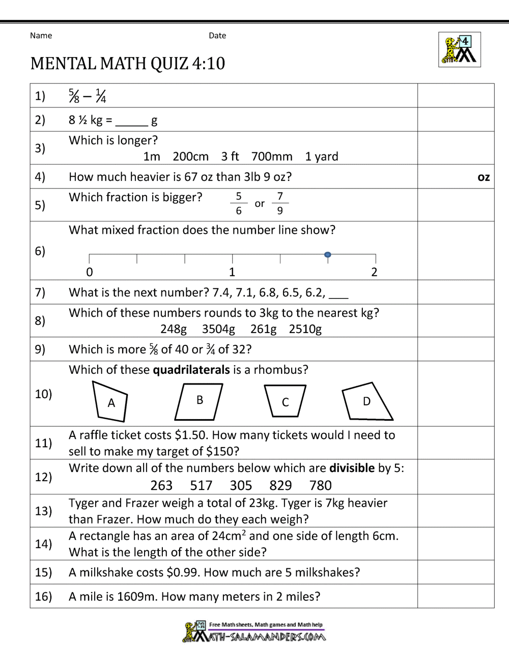 Mental Math 4th Grade