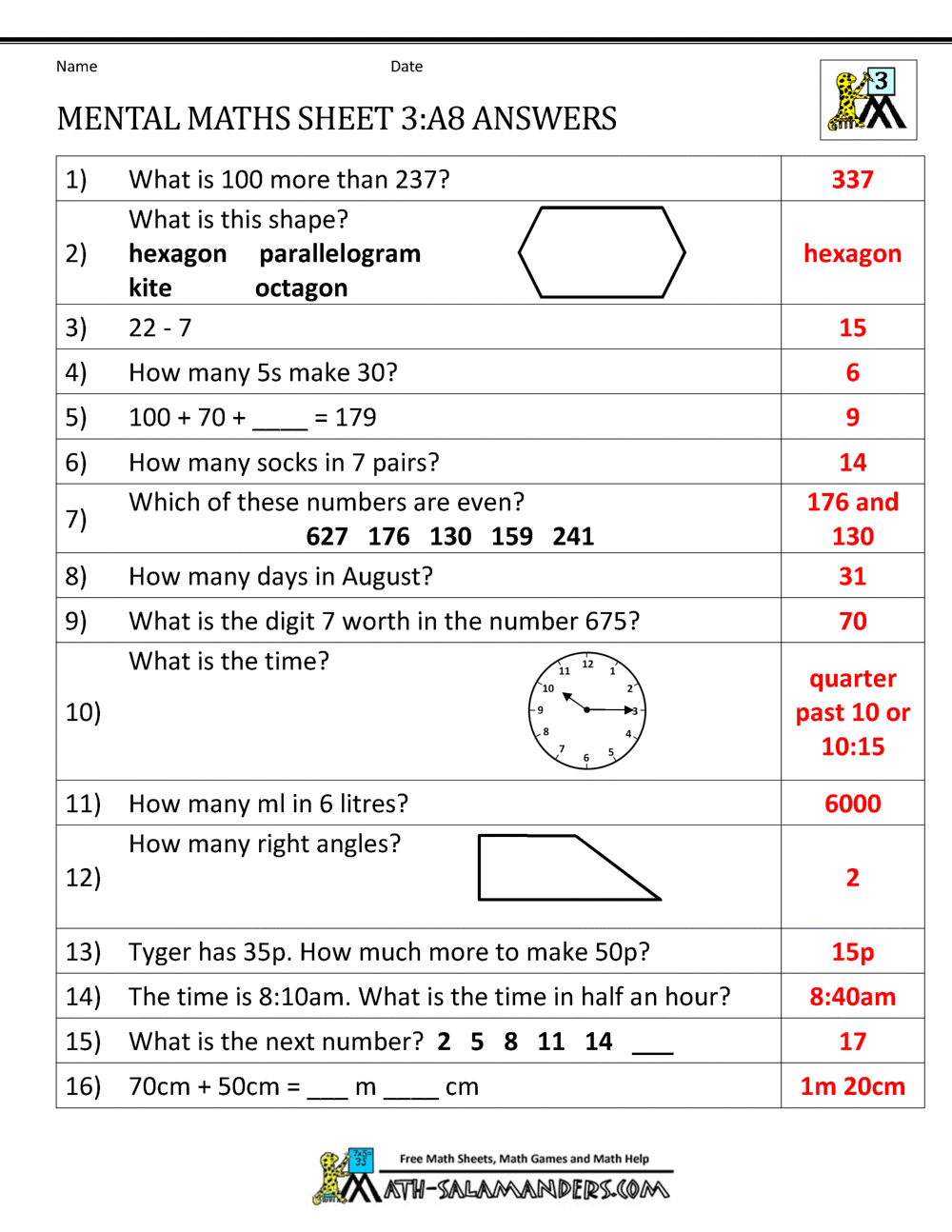 Year 3 Mental Maths Worksheets