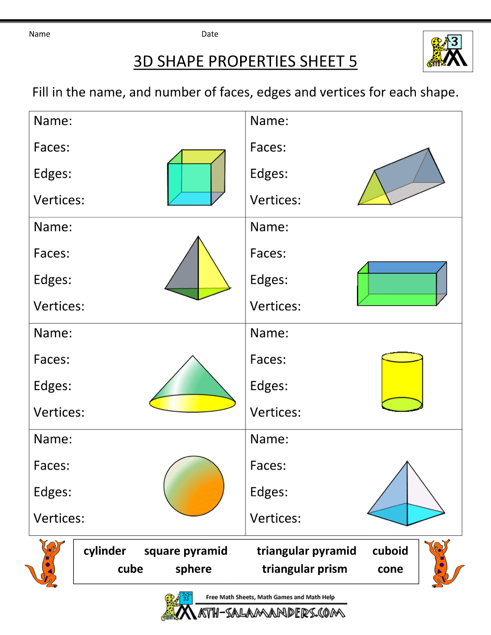 3d Shapes Worksheets
