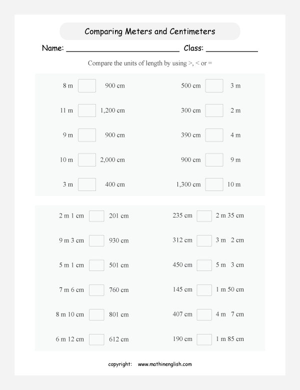 Convert and compare meters and centimeters in terms of