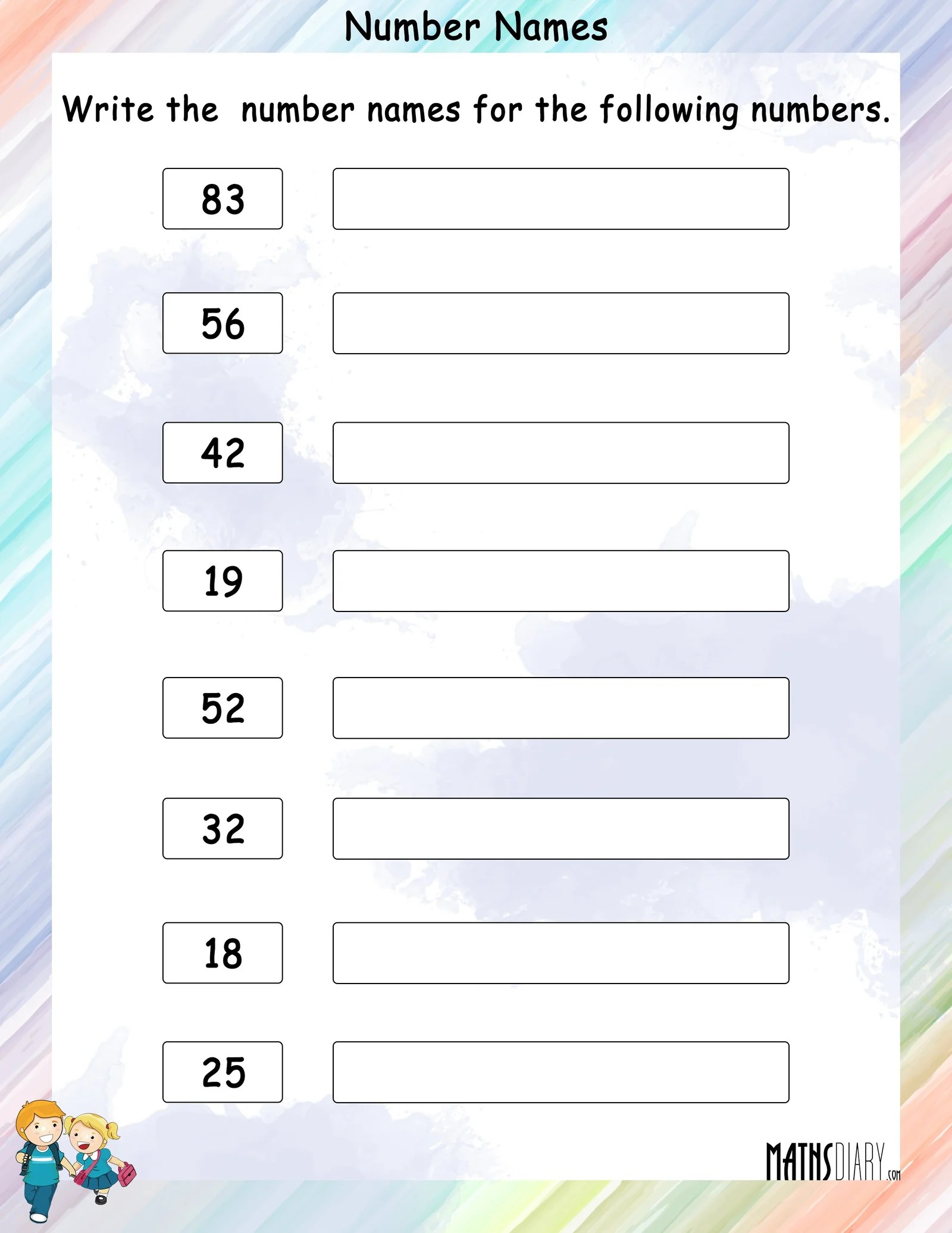 Write number names for given numbers Math Worksheets